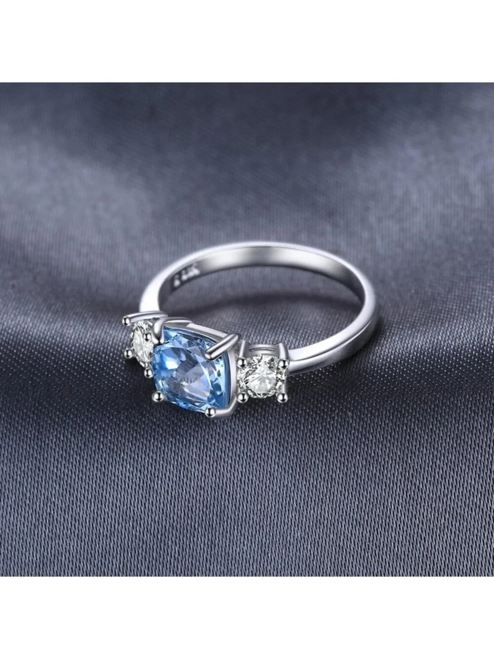 Cushion Cut 2.6ct Blue Topaz 3-Stone Ring, 14K Gold Plated Sterling Silver